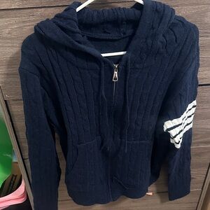 Navy Blue Hooded Sweater with White Stripes size M